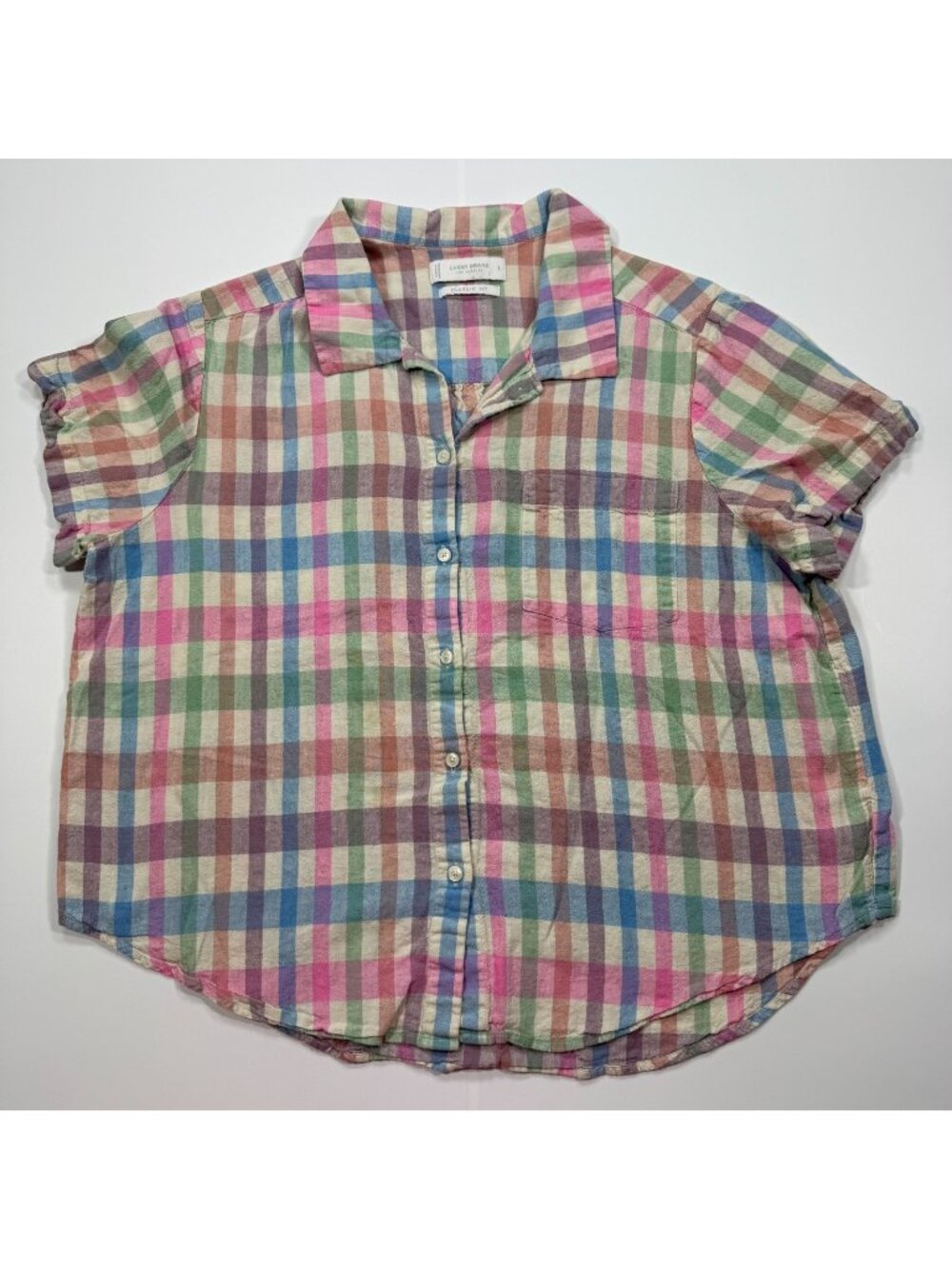Lucky Brand Shirt Women's L Beige Gingham Cotton Button-Up Classic-Fit Travel